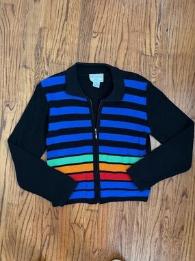 Vintage Karin Stevens Sweater Striped Rainbow Womens Black Full Zip Cardigan